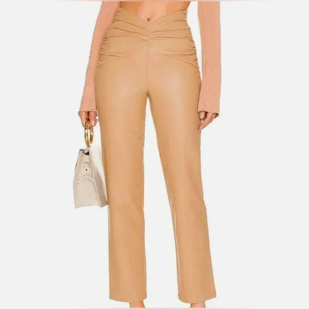 NEW NBD Sophia Tan Faux Leather Pants Camel High Rise V Cut Women's Lg